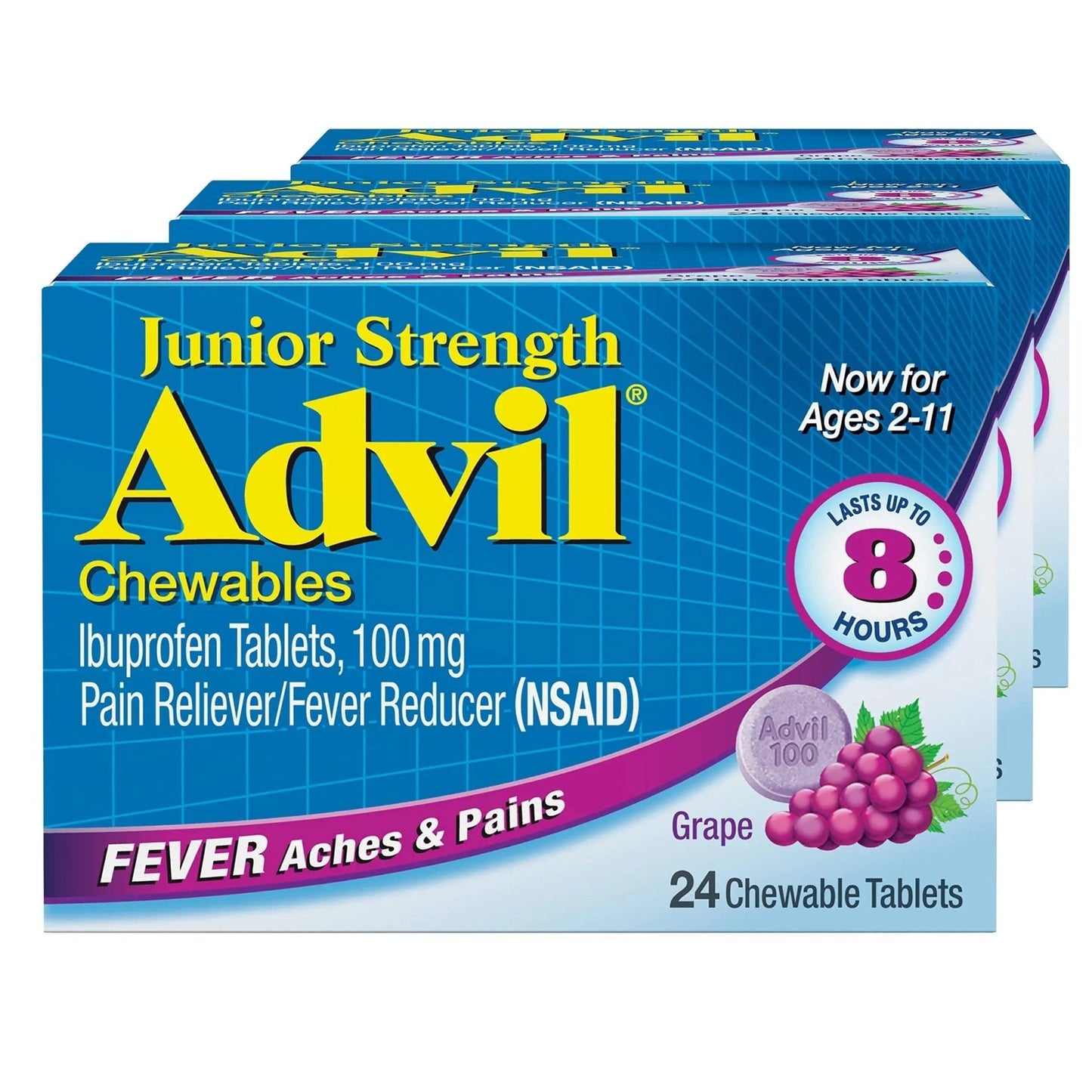Advil Junior Strength Chewable Ibuprofen Pain Reliever and Fever Reducer, Children's Ibuprofen for Pain Relief, Grape - 24 Tablets (Pack of 3) - Maple Wellness Supplements