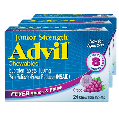 Advil Junior Strength Chewable Ibuprofen Pain Reliever and Fever Reducer, Children's Ibuprofen for Pain Relief, Grape - 24 Tablets (Pack of 3) - Maple Wellness Supplements