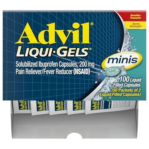 Advil Liqui-Gels minis Pain Reliever and Fever Reducer, Pain Medicine for Adults with Ibuprofen 200mg for Pain Relief - 50x2 Liquid Filled Capsules - Maple Wellness Supplements