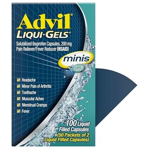 Advil Liqui-Gels minis Pain Reliever and Fever Reducer, Pain Medicine for Adults with Ibuprofen 200mg for Pain Relief - 50x2 Liquid Filled Capsules - Maple Wellness Supplements
