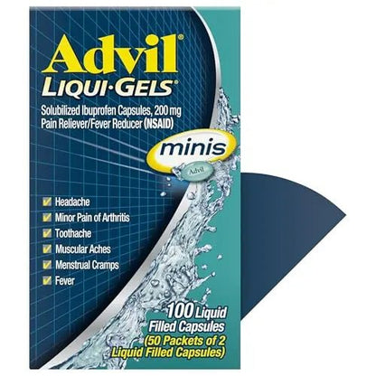 Advil Liqui-Gels minis Pain Reliever and Fever Reducer, Pain Medicine for Adults with Ibuprofen 200mg for Pain Relief - 50x2 Liquid Filled Capsules - Maple Wellness Supplements