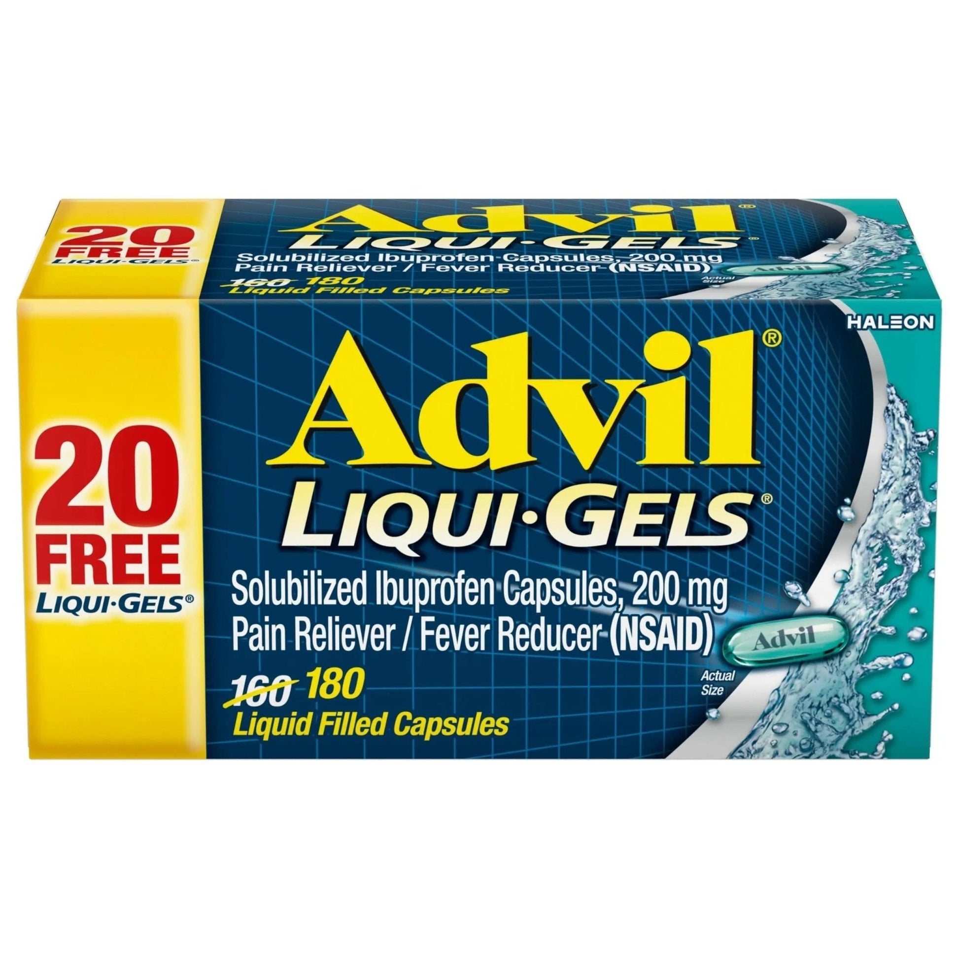 Advil Liqui-Gels Pain Reliever and Fever Reducer, Pain Medicine for Adults with Ibuprofen 200mg for Headache, Backache, Menstrual Pain and Joint Pain Relief - 180 Liquid Filled Capsules - Maple Wellness Supplements