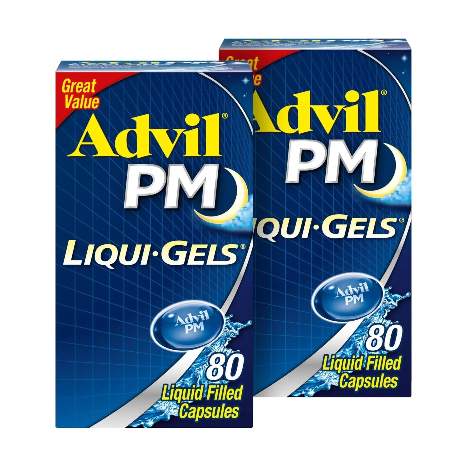 Advil PM Liqui-Gels Pain Reliever and Nighttime Sleep Aid, Pain Medicine with Ibuprofen for Pain Relief and Diphenhydramine HCL for a Sleep Aid - 2x80 Liquid Filled Capsules - Maple Wellness Supplements