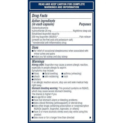 Advil PM Liqui-Gels Pain Reliever and Nighttime Sleep Aid, Pain Medicine with Ibuprofen for Pain Relief and Diphenhydramine HCL for a Sleep Aid - 80 Liquid Filled Capsules - Back to College - Maple Wellness Supplements