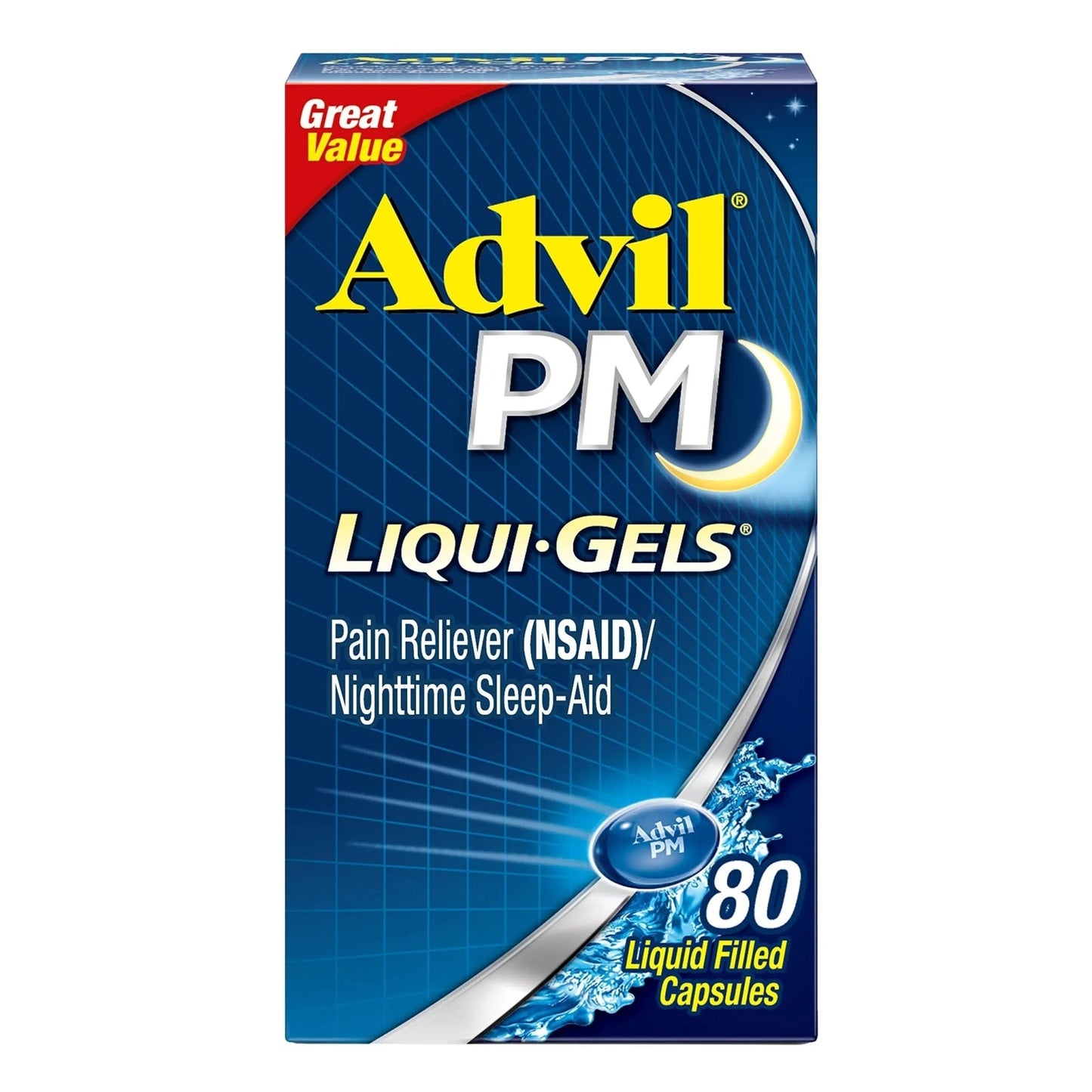 Advil PM Liqui-Gels Pain Reliever and Nighttime Sleep Aid, Pain Medicine with Ibuprofen for Pain Relief and Diphenhydramine HCL for a Sleep Aid - 80 Liquid Filled Capsules - Back to College - Maple Wellness Supplements