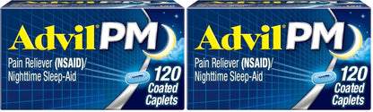 Advil PM Pain Reliever and Nighttime Sleep Aid, Pain Medicine with Ibuprofen for Pain Relief and Diphenhydramine Citrate for A Sleep Aid - 120 Coated Caplets (Pack of 2) - Maple Wellness Supplements