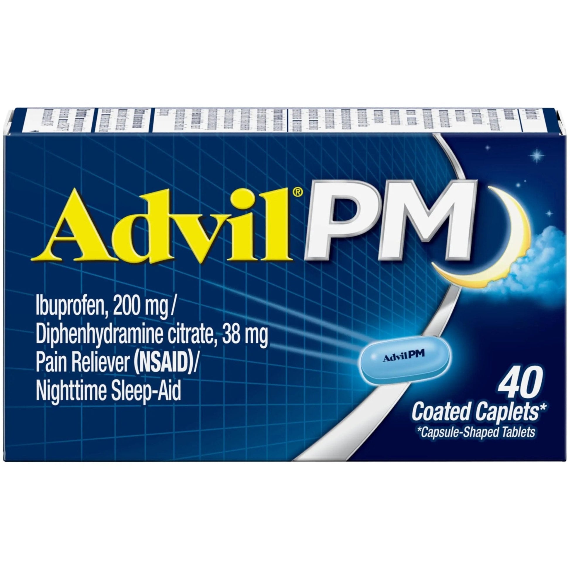 Advil PM Pain Reliever and Nighttime Sleep Aid, Pain Medicine with Ibuprofen for Pain Relief and Diphenhydramine Citrate for a Sleep Aid - 40 Coated Caplets - Maple Wellness Supplements