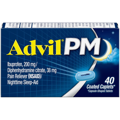 Advil PM Pain Reliever and Nighttime Sleep Aid, Pain Medicine with Ibuprofen for Pain Relief and Diphenhydramine Citrate for a Sleep Aid - 40 Coated Caplets - Maple Wellness Supplements