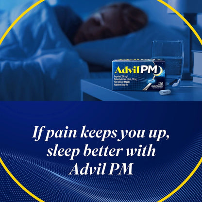 Advil PM Pain Reliever and Nighttime Sleep Aid, Pain Medicine with Ibuprofen for Pain Relief and Diphenhydramine Citrate for a Sleep Aid - 40 Coated Caplets - Maple Wellness Supplements