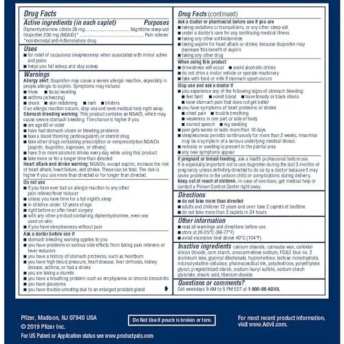 Advil PM Pain Reliever and Nighttime Sleep Aid, Pain Medicine with Ibuprofen for Pain Relief and Diphenhydramine Citrate for a Sleep Aid - 50x2 Coated Caplets - Maple Wellness Supplements