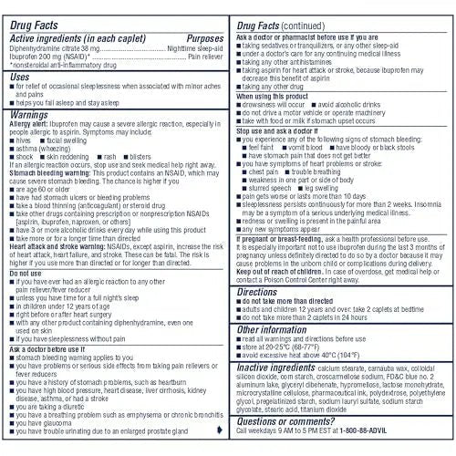 Advil PM Pain Reliever and Nighttime Sleep Aid, Pain Medicine with Ibuprofen for Pain Relief and Diphenhydramine Citrate for a Sleep Aid - 50x2 Coated Caplets - Maple Wellness Supplements