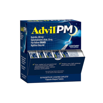 Advil PM Pain Reliever and Nighttime Sleep Aid, Pain Medicine with Ibuprofen for Pain Relief and Diphenhydramine Citrate for a Sleep Aid - 50x2 Coated Caplets - Maple Wellness Supplements
