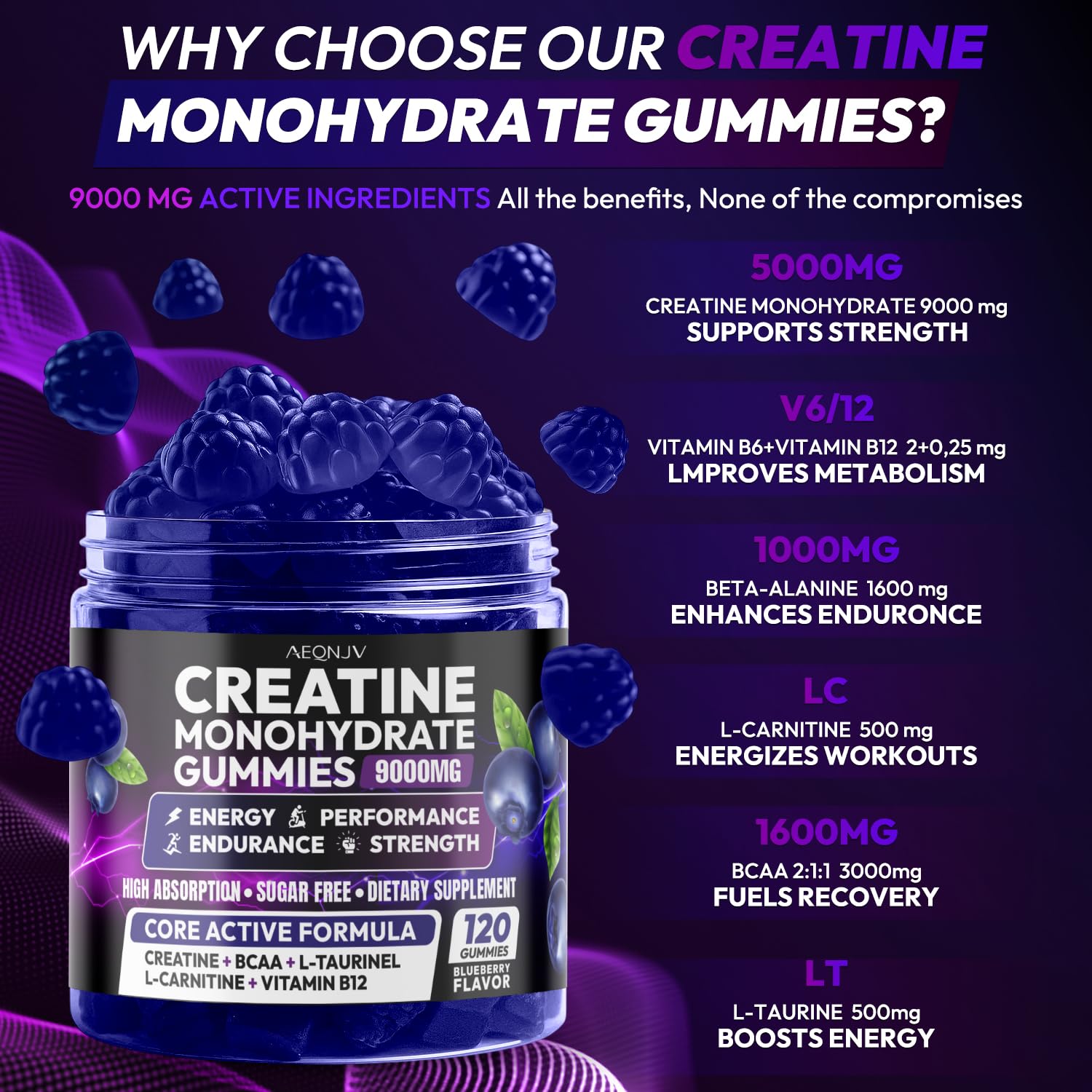 AEQNJV Creatine Gummies Monohydrate Complex for Men & Women, 9000MG Creatine Pre-Workout Supplement Enhance Muscle Strength Recovery Cognitive Health & Memory, 120 Gummies Sugar Free Vegan Non-GMO - Maple Wellness Supplements