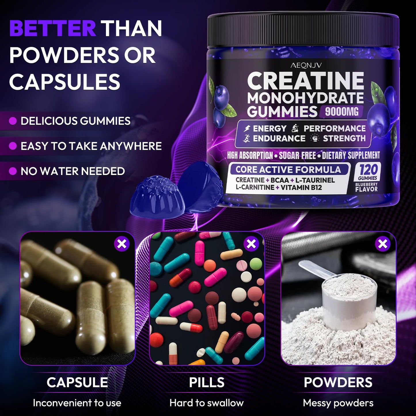 AEQNJV Creatine Gummies Monohydrate Complex for Men & Women, 9000MG Creatine Pre-Workout Supplement Enhance Muscle Strength Recovery Cognitive Health & Memory, 120 Gummies Sugar Free Vegan Non-GMO - Maple Wellness Supplements