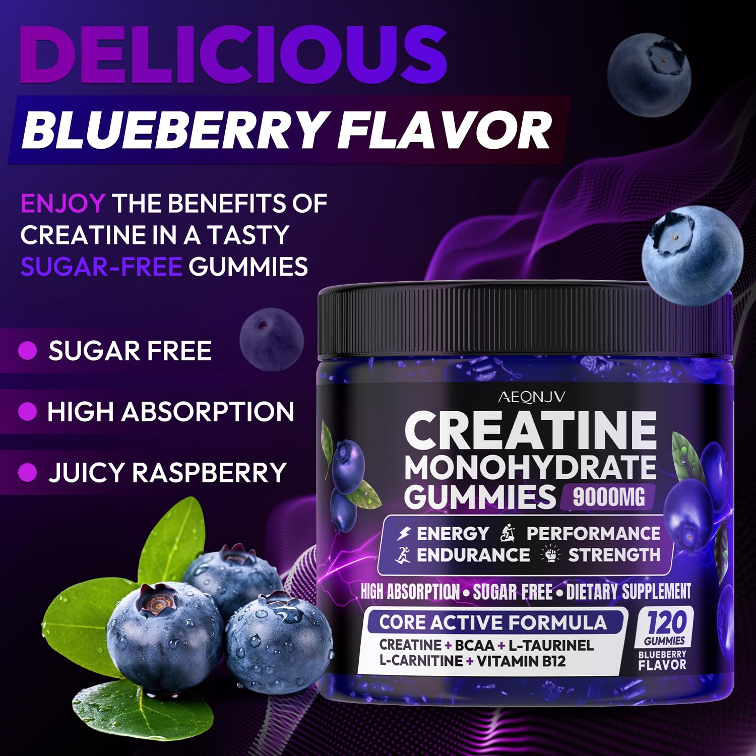 AEQNJV Creatine Gummies Monohydrate Complex for Men & Women, 9000MG Creatine Pre-Workout Supplement Enhance Muscle Strength Recovery Cognitive Health & Memory, 120 Gummies Sugar Free Vegan Non-GMO - Maple Wellness Supplements