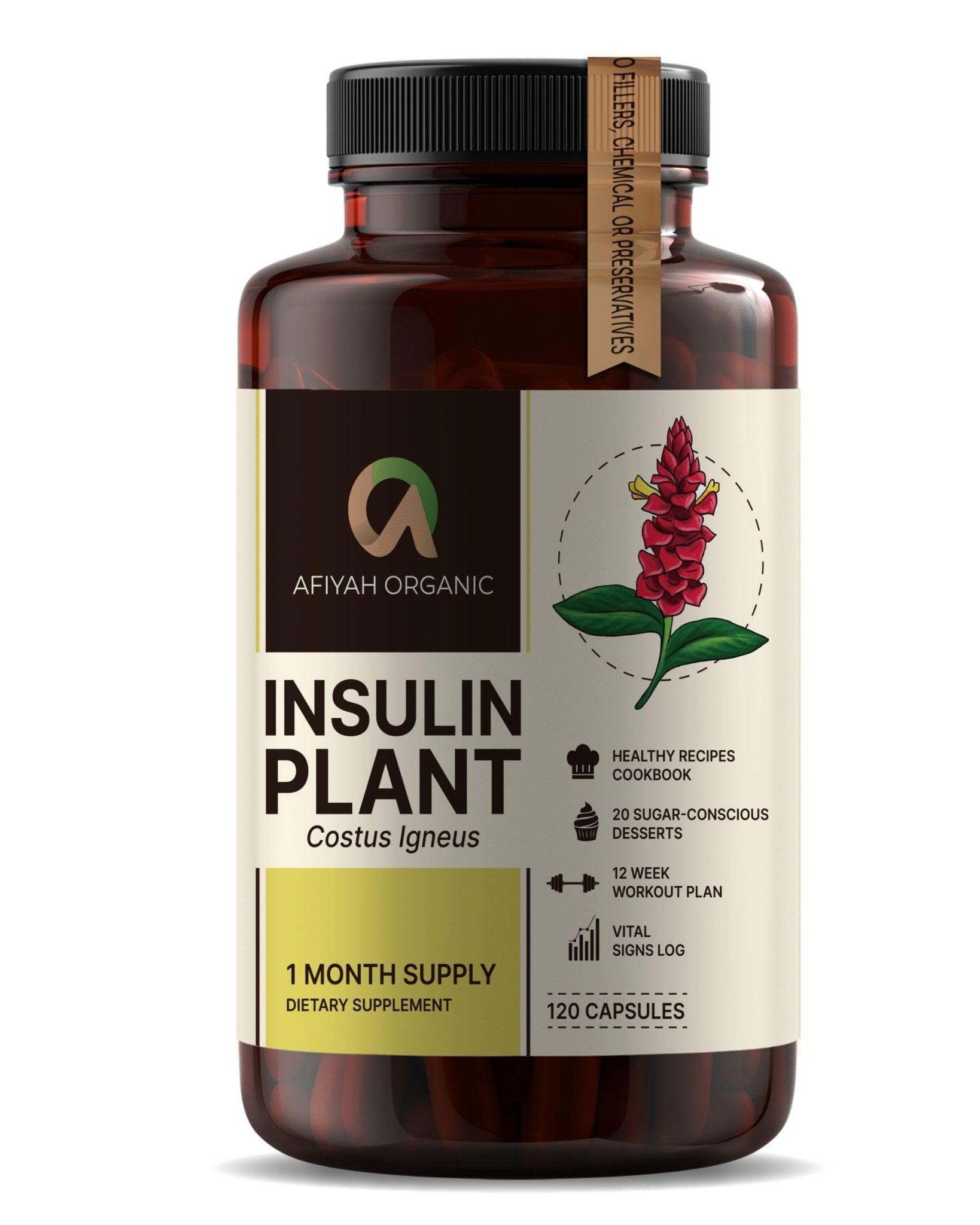 Afiyah Organic - Premium Quality Costus Igneus (Insulin Plant) Capsules - Easy to Swallow 120 Veggie Capsules (1 Month Supply) - Made in the USA - Including Complete Health Support Program - Maple Wellness Supplements