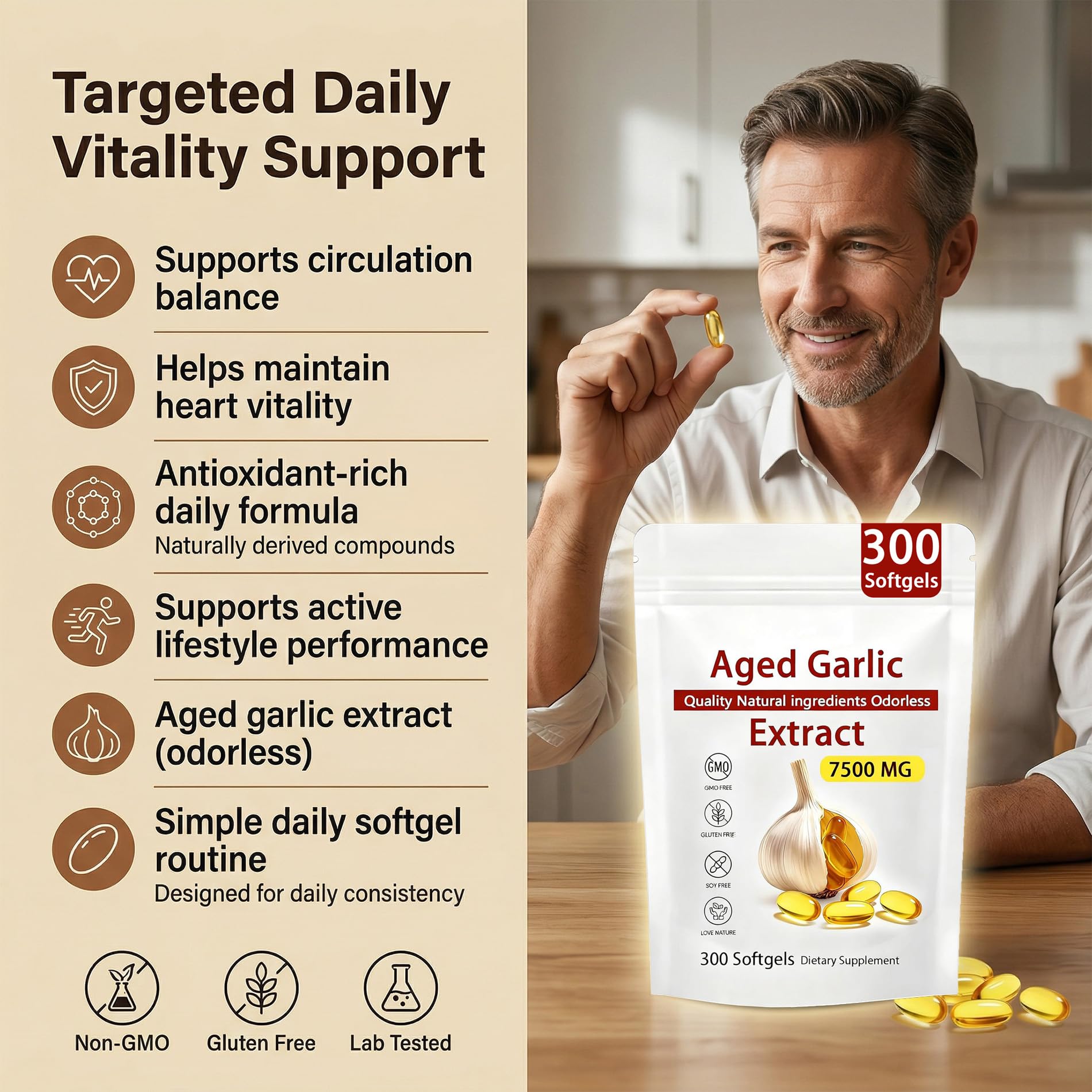 Aged Garlic Extract – 300 Count Odorless Garlic Supplement for Heart & Immune Support – Non-GMO, All-Natural Softgels, 2-Year Matured for Antioxidant Wellness (1) - Maple Wellness Supplements