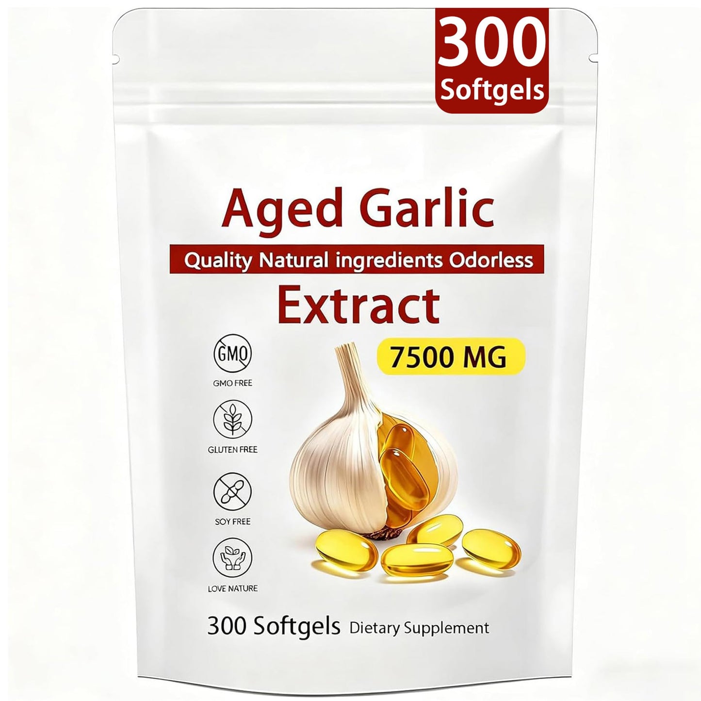 Aged Garlic Extract – 300 Count Odorless Garlic Supplement for Heart & Immune Support – Non-GMO, All-Natural Softgels, 2-Year Matured for Antioxidant Wellness (1) - Maple Wellness Supplements