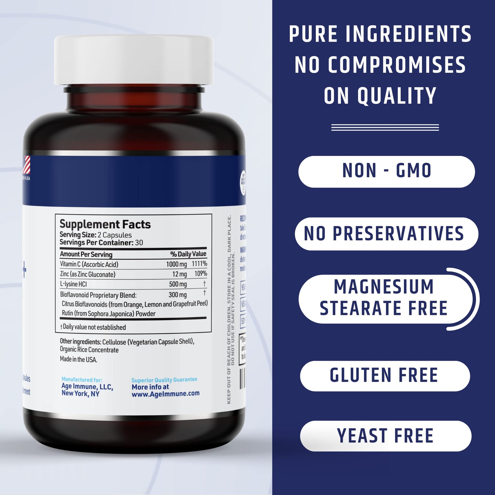 AgeImmune Vitamin C 1000mg Complex with L-Lysine 500mg, Zinc 12mg, Bioflavonoids 300mg. Doctor Formulated Magnesium Stearate Free Supplements for Healthy Immune System Support.(1) - Maple Wellness Supplements