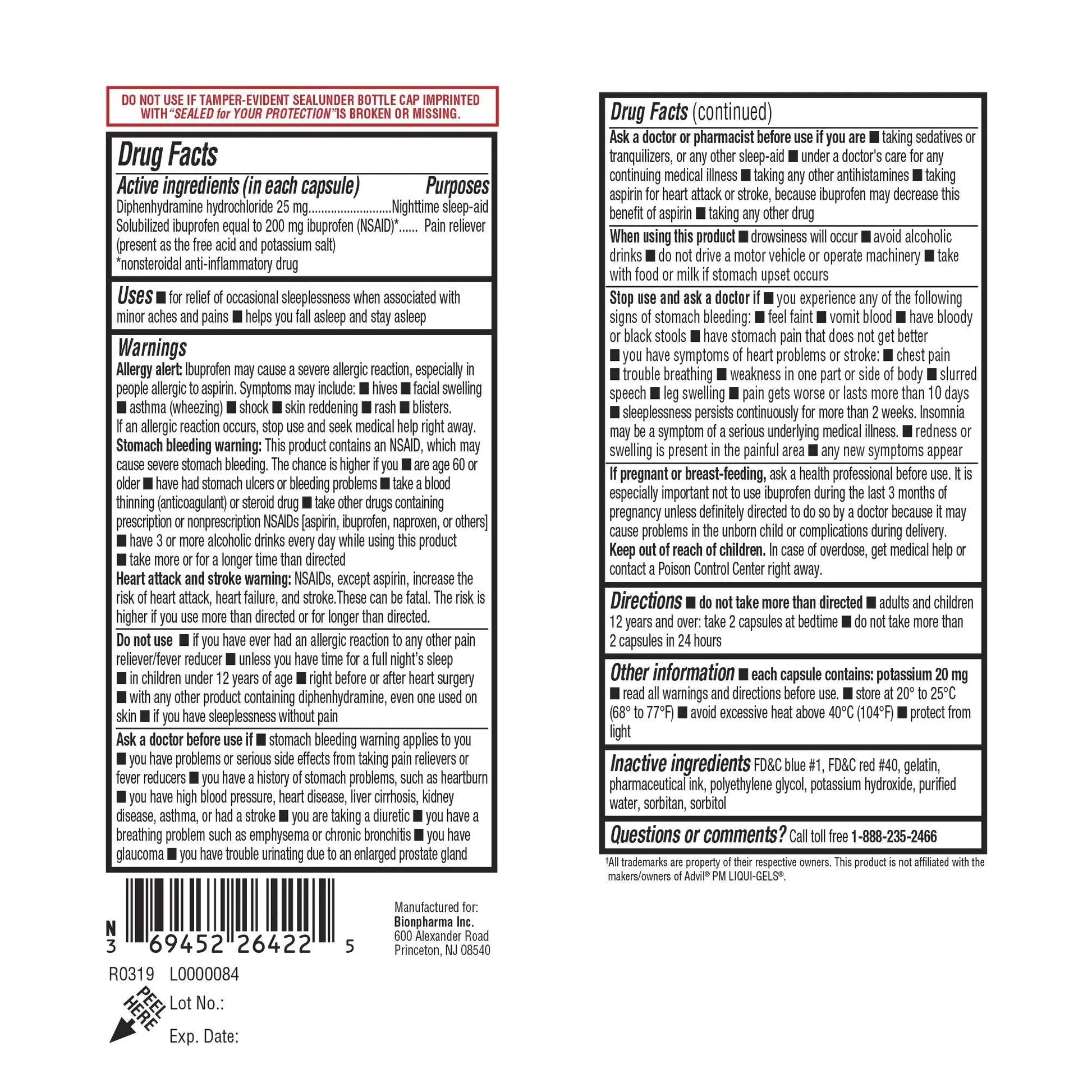 A+Health Ibuprofen PM Softgels, Pain Reliever/Nighttime Sleep Aid (NSAID), Ibuprofen 200mg and Diphenhydramine Hydrochloride 25mg, 120 Count - Maple Wellness Supplements