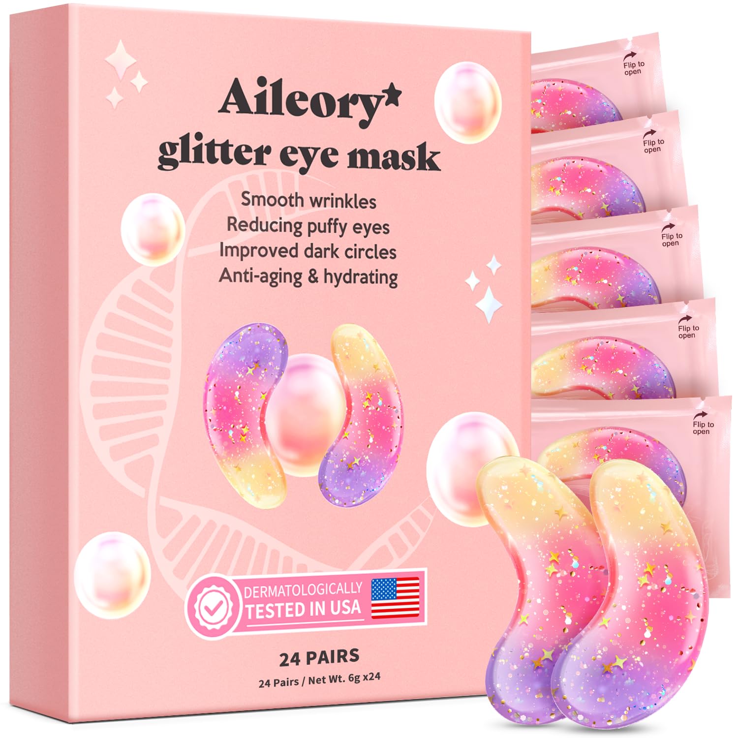 AILEORY Under Eye Patches (24 Pairs) - Tri-color Glitter Eye Gel Pads for Dark Circles, Puffy Eyes, Under eye Bags, Wrinkles - Maple Wellness Supplements