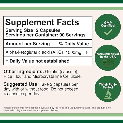 AKG Supplement (Alpha Ketoglutaric Acid) 1,000mg Per Serving (180 Capsules) Different - Maple Wellness Supplements