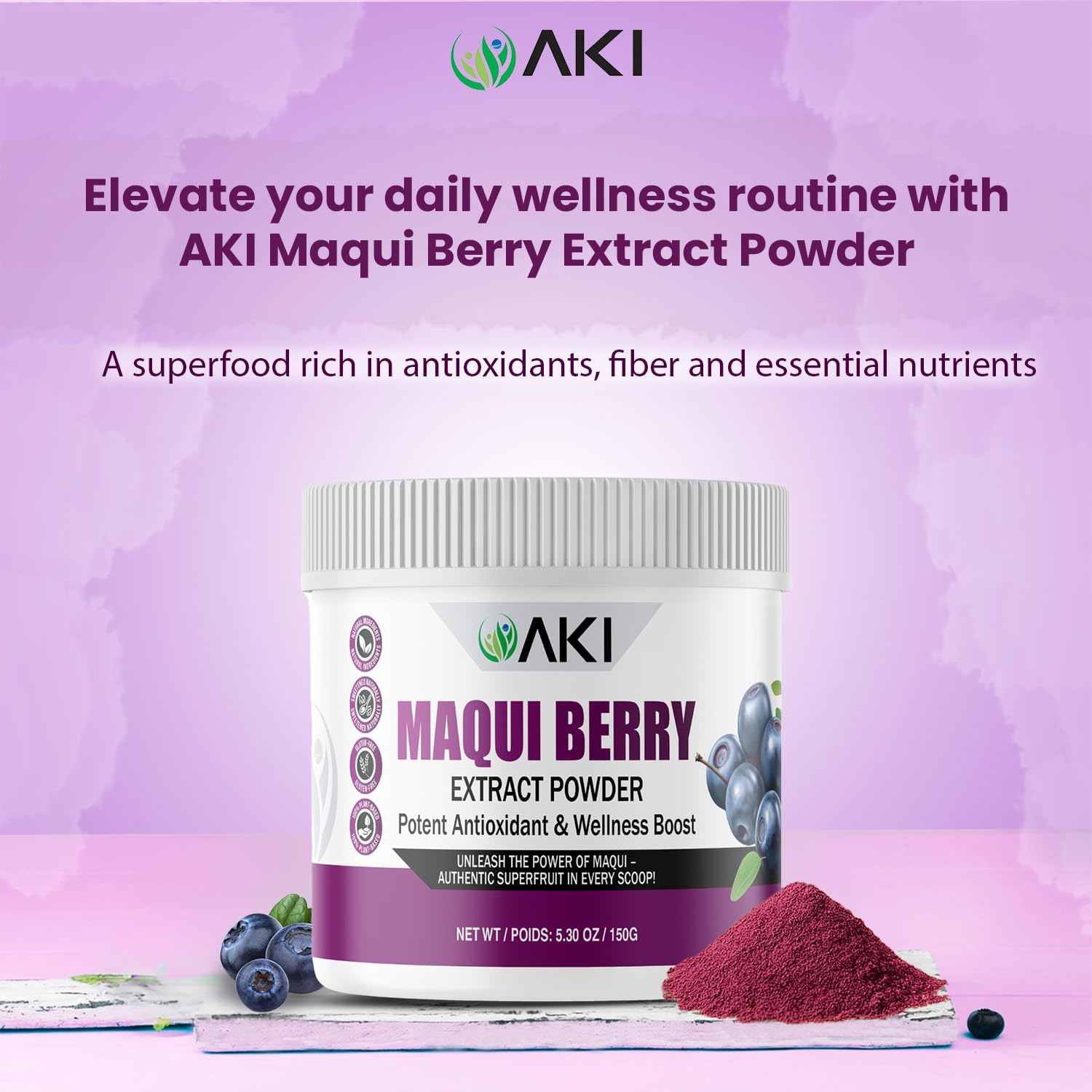 AKI Maqui Berry Extract Powder – Wild Harvested from Patagonia, High in Anthocyanins & Polyphenols, Freeze-Dried Superfruit for Smoothies, Non-GMO, Vegan, 150g/ 5.3 oz - Maple Wellness Supplements