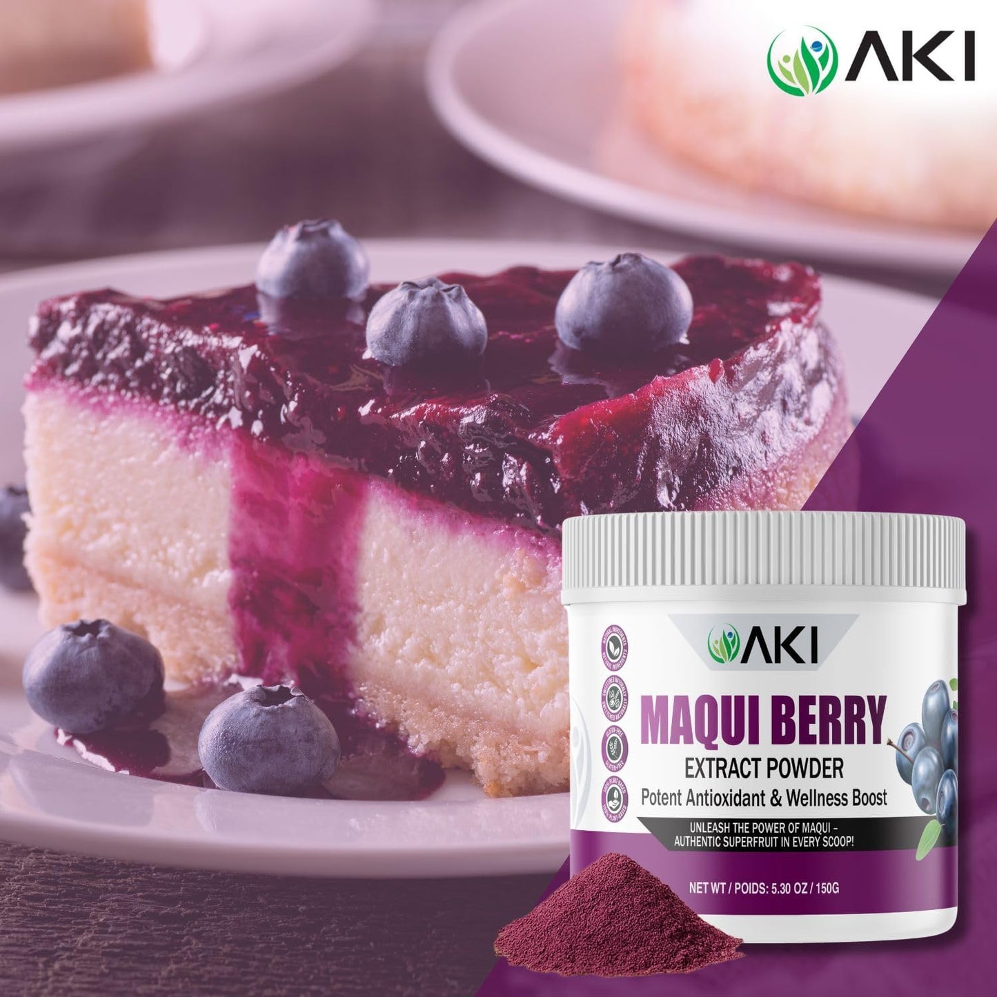 AKI Maqui Berry Extract Powder – Wild Harvested from Patagonia, High in Anthocyanins & Polyphenols, Freeze-Dried Superfruit for Smoothies, Non-GMO, Vegan, 150g/ 5.3 oz - Maple Wellness Supplements