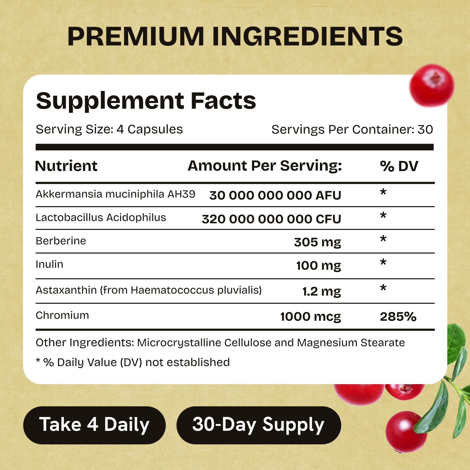 Akkermansia Muciniphila Probiotics 320 Billion CFU| Probiotic and Prebiotic | Akkermansia Probiotics for gut health | Inulin Prebiotic Fiber Capsules Astaxanthin & Berberine & Chromium | 120 capsules - Maple Wellness Supplements