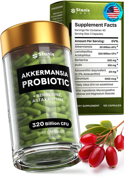 Akkermansia Muciniphila Probiotics 320 Billion CFU| Probiotic and Prebiotic | Akkermansia Probiotics for gut health | Inulin Prebiotic Fiber Capsules Astaxanthin & Berberine & Chromium | 120 capsules - Maple Wellness Supplements