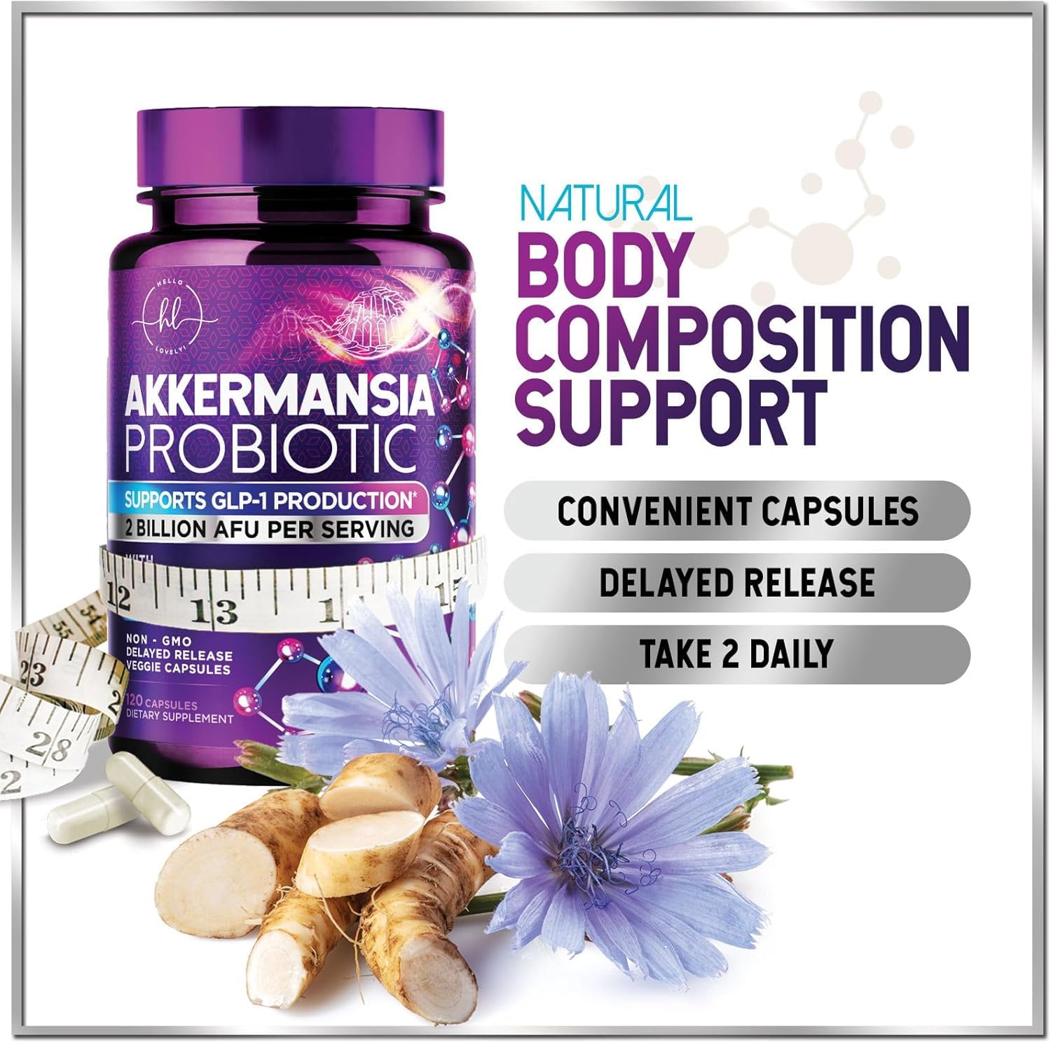 Akkermansia Probiotic - 2 Billion AFU per Serving - Best Strain for GLP-1 Production Support with Prebiotic Fiber for Natural Digestive & Gut Health - Maple Wellness Supplements