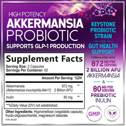 Akkermansia Probiotic - 2 Billion AFU per Serving - Best Strain for GLP-1 Production Support with Prebiotic Fiber for Natural Digestive & Gut Health - Maple Wellness Supplements