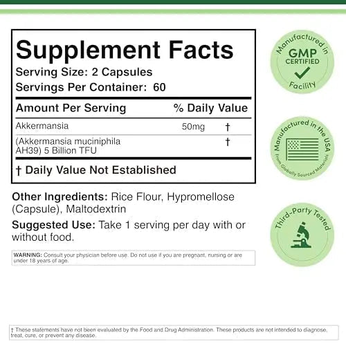 Akkermansia Probiotic and Postbiotic (Increases GLP-1 Production) 120 Capsules, 50mg per Serving (Third Party Tested to 5 Billion TFU per Serving, 50 Billion CFU per Gram) by Double Wood - Maple Wellness Supplements