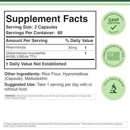 Akkermansia Probiotic and Postbiotic (Increases GLP-1 Production) 120 Capsules, 50mg per Serving (Third Party Tested to 5 Billion TFU per Serving, 50 Billion CFU per Gram) by Double Wood - Maple Wellness Supplements