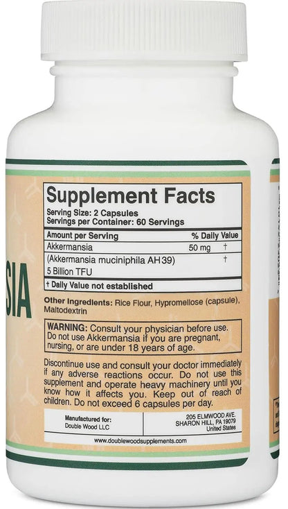 Akkermansia Probiotic and Postbiotic (Increases GLP-1 Production) 120 Capsules, 50mg per Serving (Third Party Tested to 5 Billion TFU per Serving, 50 Billion CFU per Gram) by Double Wood - Maple Wellness Supplements