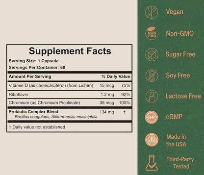 Akkermansia Probiotic for Appetite Suppressant & Craving Control | Increases GLP-1 for Weight Loss | 60 Day Supply | Made in USA | Bacillus Coagulans, B2, D3 & Chromium | SIBO Friendly, Vegan - Maple Wellness Supplements