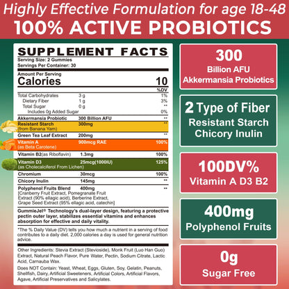 Akkermansia Probiotics Gummies with Prebiotics Fiber, 300 Billion AFU Akkermansia Muciniphila, with Polyphenol Fruits, Resistant Starch - Maple Wellness Supplements