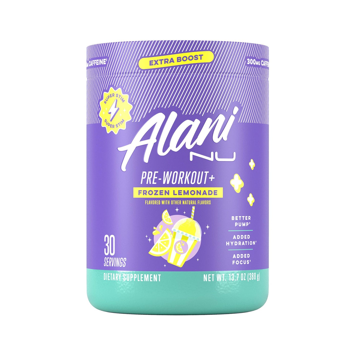 Alani Nu Pre Workout+ Powder Frozen Lemonade, Extra Boost, Sugar Free, 300mg Caffeine, L-Theanine, Beta-Alanine, Citrulline, 30 Servings - Maple Wellness Supplements
