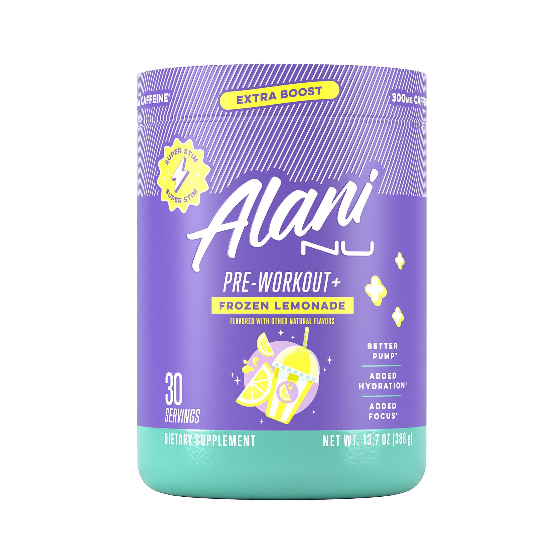 Alani Nu Pre Workout+ Powder Frozen Lemonade, Extra Boost, Sugar Free, 300mg Caffeine, L-Theanine, Beta-Alanine, Citrulline, 30 Servings - Maple Wellness Supplements