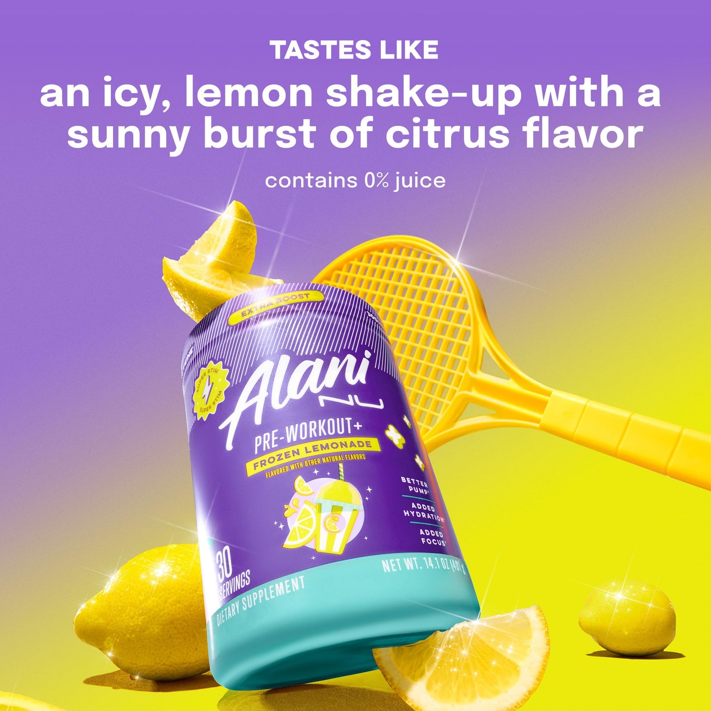 Alani Nu Pre Workout+ Powder Frozen Lemonade, Extra Boost, Sugar Free, 300mg Caffeine, L-Theanine, Beta-Alanine, Citrulline, 30 Servings - Maple Wellness Supplements