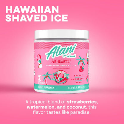 Alani Nu Pre Workout Powder Hawaiian Shaved ICE, Amino Energy Boost, Endurance Supplement, Sugar Free, 200mg Caffeine - Maple Wellness Supplements