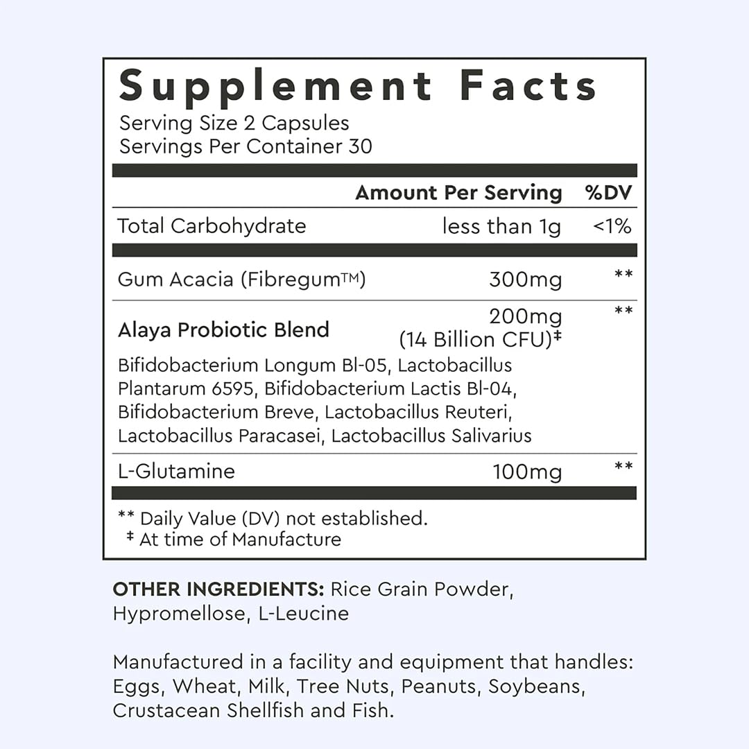 Alaya Naturals Advanced Synbiotic - Probiotic + Prebiotic - 14 Billion CFU Delayed Release Probiotic Supplement with Prebiotics from Sunfiber®, and L-glutamine for Gut Lining Integrity - 60 Capsules - Maple Wellness Supplements