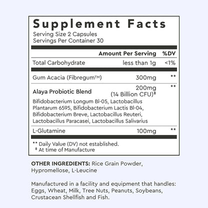 Alaya Naturals Advanced Synbiotic - Probiotic + Prebiotic - 14 Billion CFU Delayed Release Probiotic Supplement with Prebiotics from Sunfiber®, and L-glutamine for Gut Lining Integrity - 60 Capsules - Maple Wellness Supplements