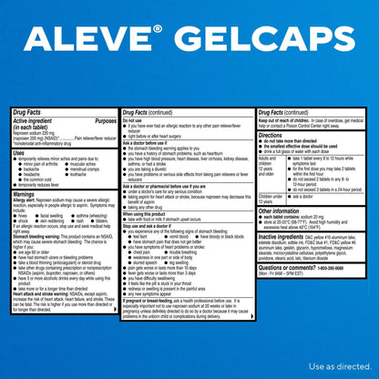 Aleve Pain Reliever & Fever Reducer Gelcaps, Naproxen Sodium, Headache and Back and Body Pain Relief Medicine, for Adults and Children Ages 12 and Up, 90 Count - Maple Wellness Supplements