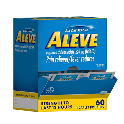 Aleve Pain Reliever & Fever Reducer Naproxen Sodium Caplets, Body and Arthritis Pain Reliever, Medicine for Adults and Children Ages 12 and Up, 60 Individual Pouches - Maple Wellness Supplements