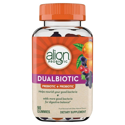Align Dualbiotic, Prebiotics and Probiotics for Women and Men, Probiotics for Digestive Health, Prebiotics Help Nourish Good Bacteria, Natural Fruit Flavors, 90 Probiotic Gummies - Maple Wellness Supplements