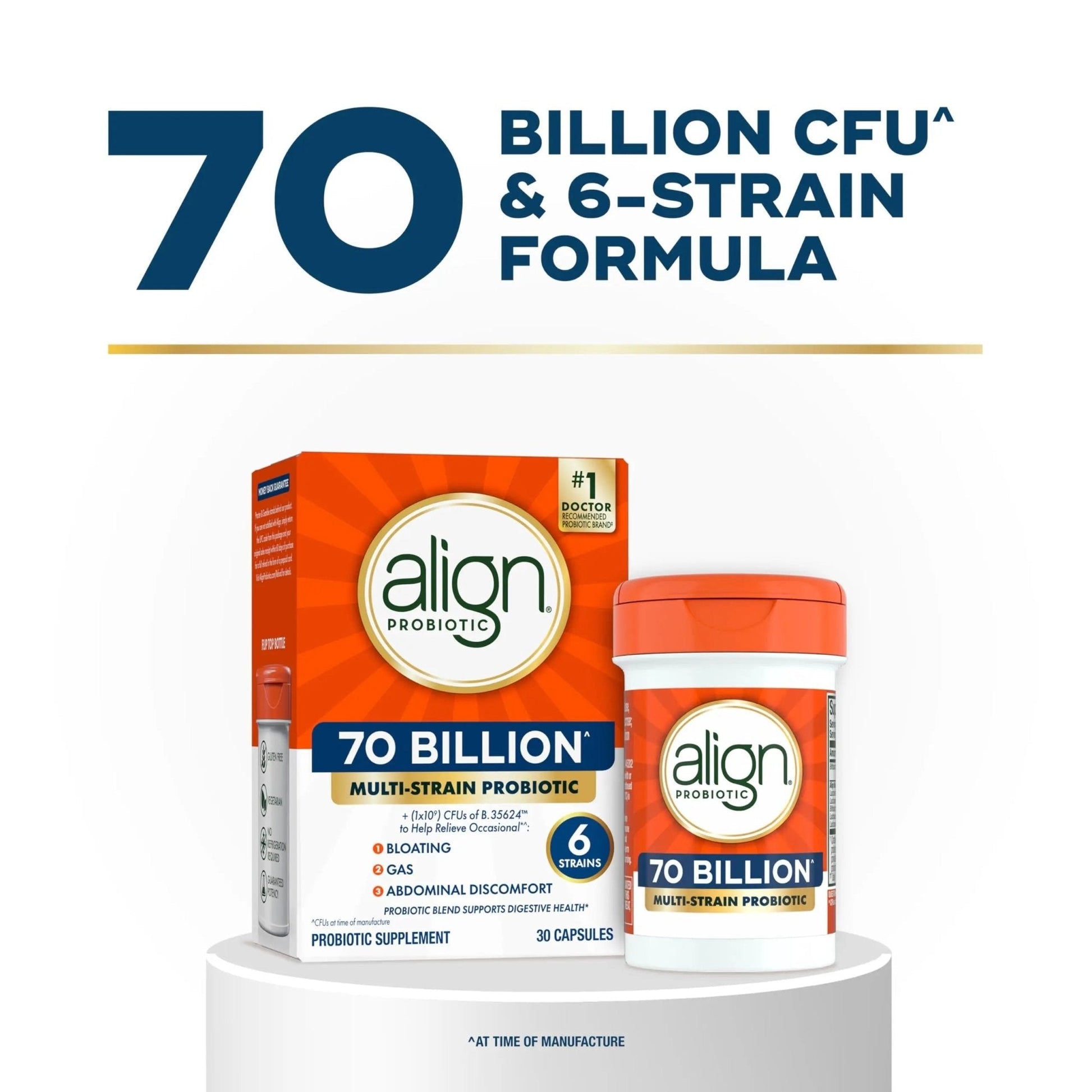 Align Probiotic, 70 Billion CFU, 6 Strain Blend, Probiotics for Women and Men, Daily Probiotics for Digestive Health, Helps Relieve Occasional Bloating & Gas 30 Capsules - Maple Wellness Supplements