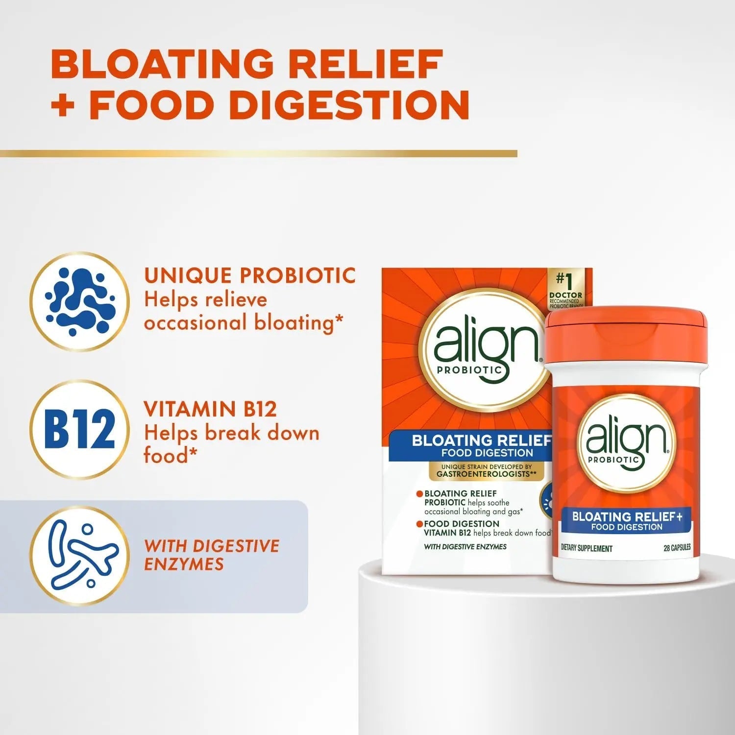 Align Probiotic Bloating Relief + Food Digestion, Probiotics for Women and Men, 1 Doctor Recommended Brand‡, Promotes Digestive Health and Helps Support the Metabolism of Food*, 28 Capsules - Maple Wellness Supplements