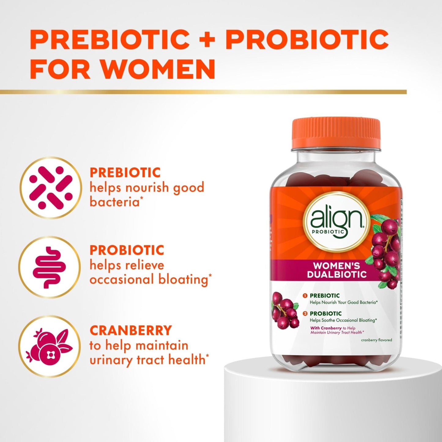 Align Probiotic, Women's Dualbiotic, Womens Probiotic Gummies, Prebiotics and Probiotics for Women, with Cranberry for Urinary Tract Health - Maple Wellness Supplements
