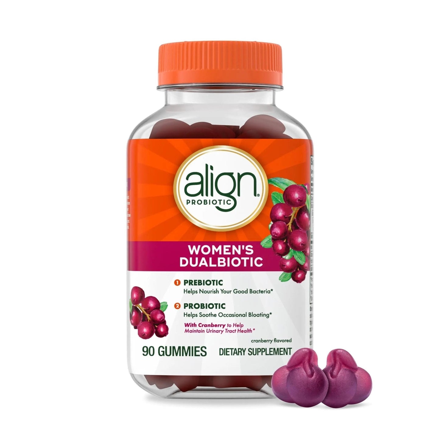 Align Probiotic, Women's Dualbiotic, Womens Probiotic Gummies, Prebiotics and Probiotics for Women, with Cranberry for Urinary Tract Health*, Cranberry Flavor, 90 Gummies - Maple Wellness Supplements